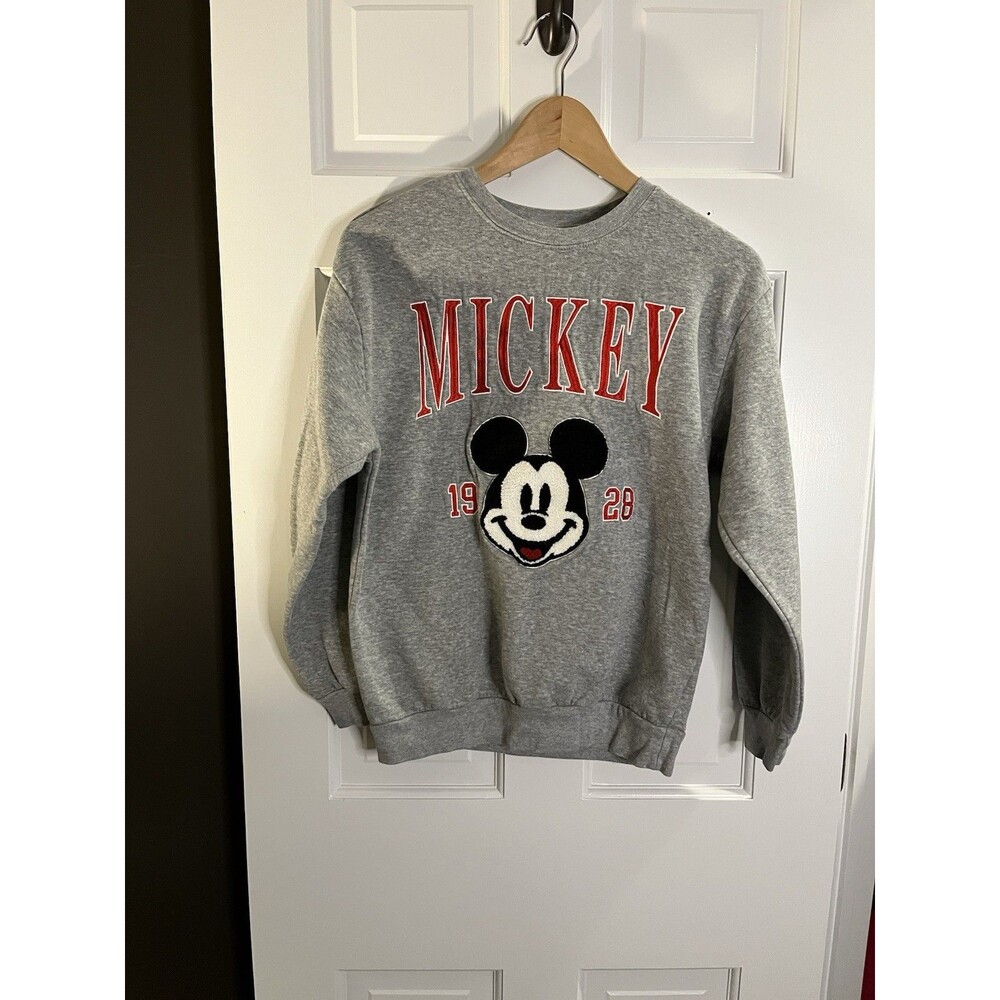 Disney Mickey Mouse Varsity Sweatshirt Gray Chenille Patch 1928 Pullover